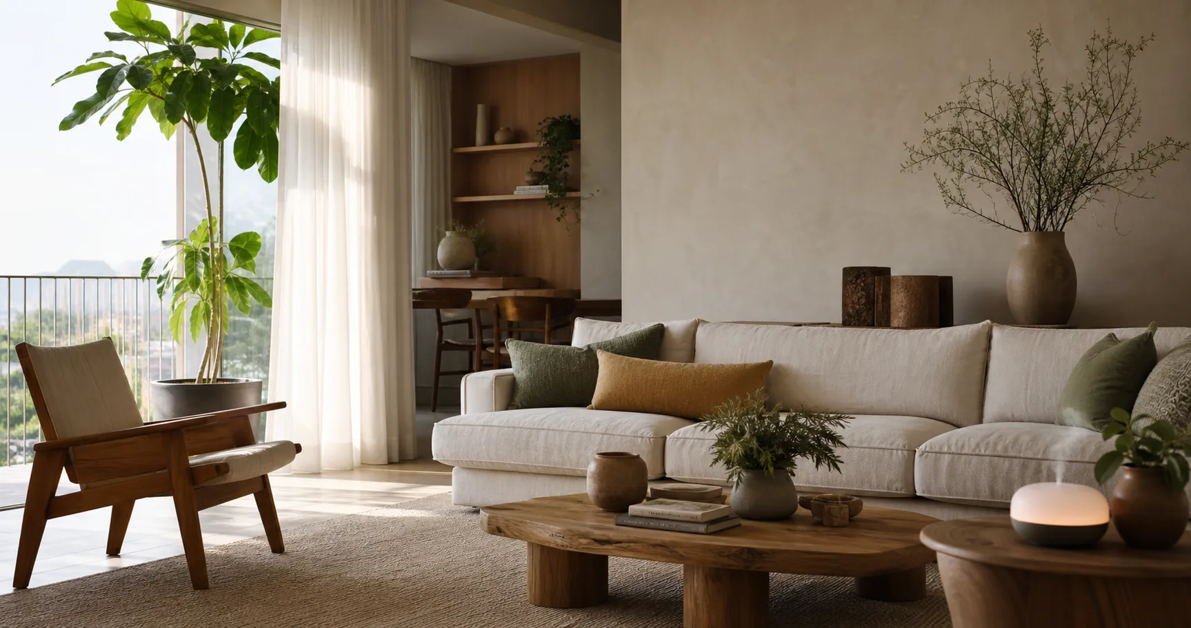 Sala elegante com luz natural, plantas e texturas acolhedoras